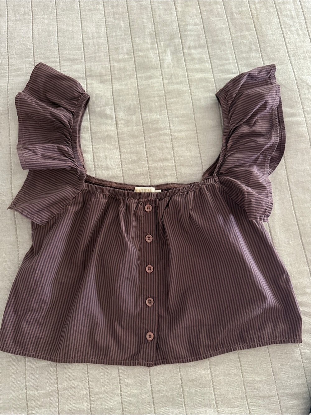Nation LTD Plum Stripe Ruffle Crop Top M button Pima cotton